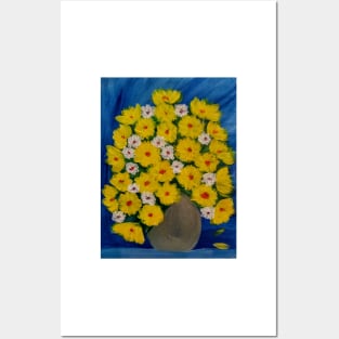 Yellow and white daisy's flowers in a light gold vase Posters and Art